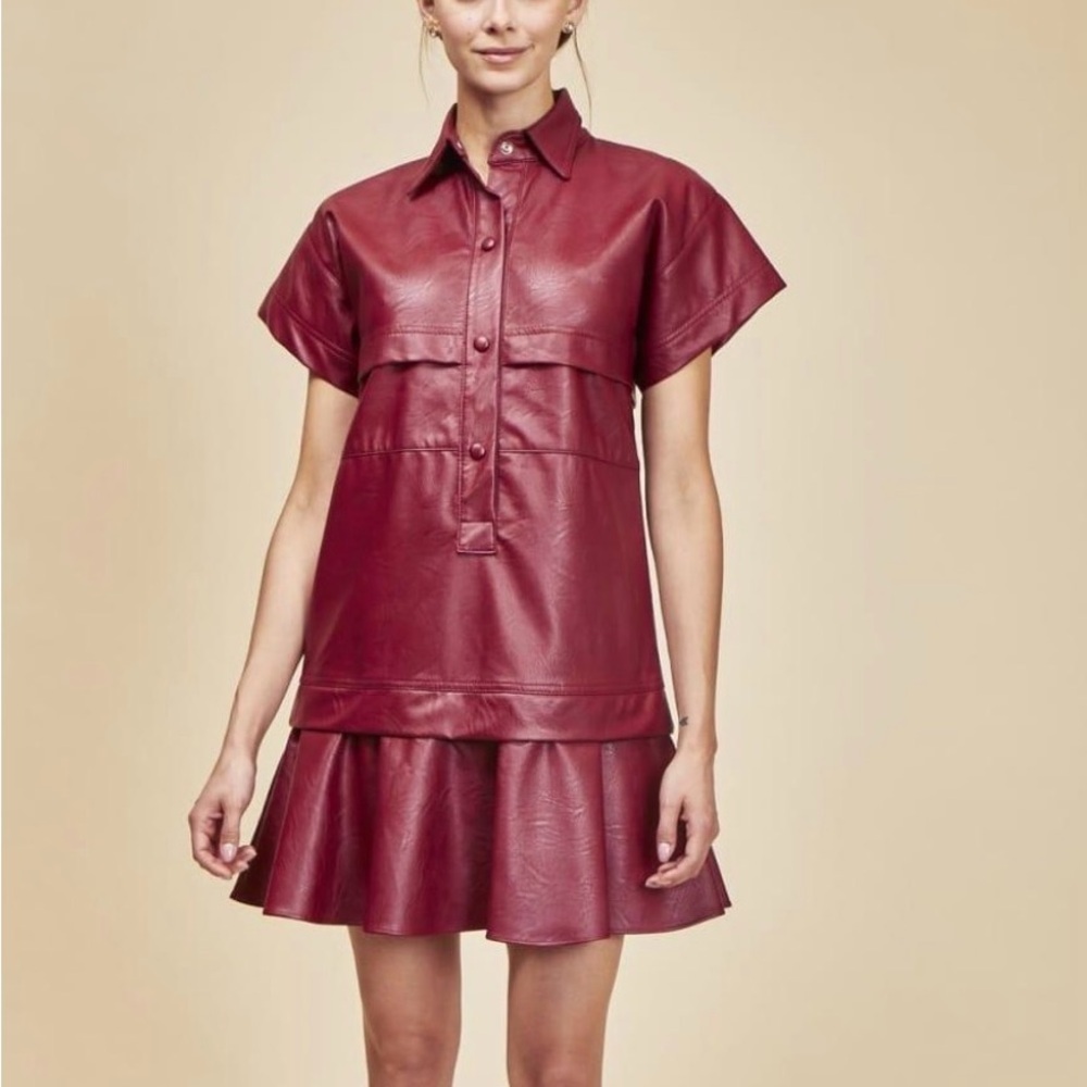 Hunter Bell- Burgundy Leather Addison Mini Dress